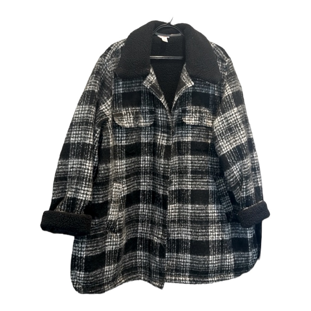 Joe Fresh Sherpa Teddy Fleece Black and White Checkered Shacket Coat Size 3X